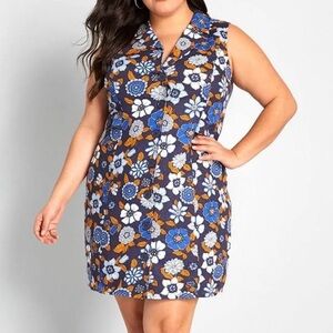 ModCloth Coasting Along Sleeveless Retro Floral Linen Blend Shirtdress | Size 14